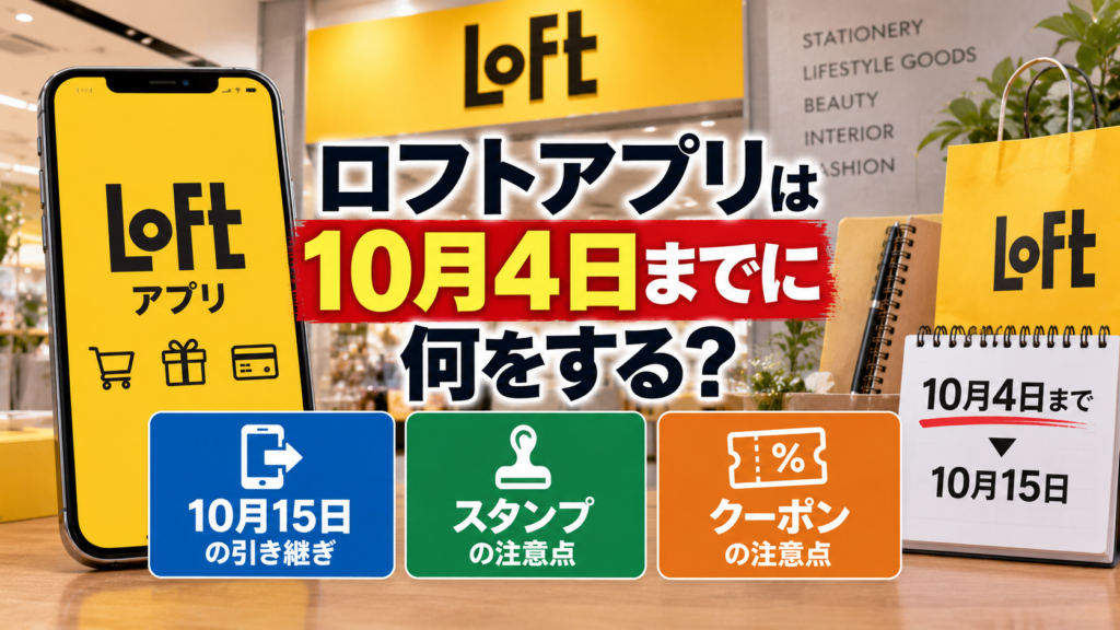 ロフトアプリの10月4日までの対応と、10月15日の引き継ぎ・スタンプ・クーポンの注意点をスマートフォンと日付表示で表現したアイキャッチ画像