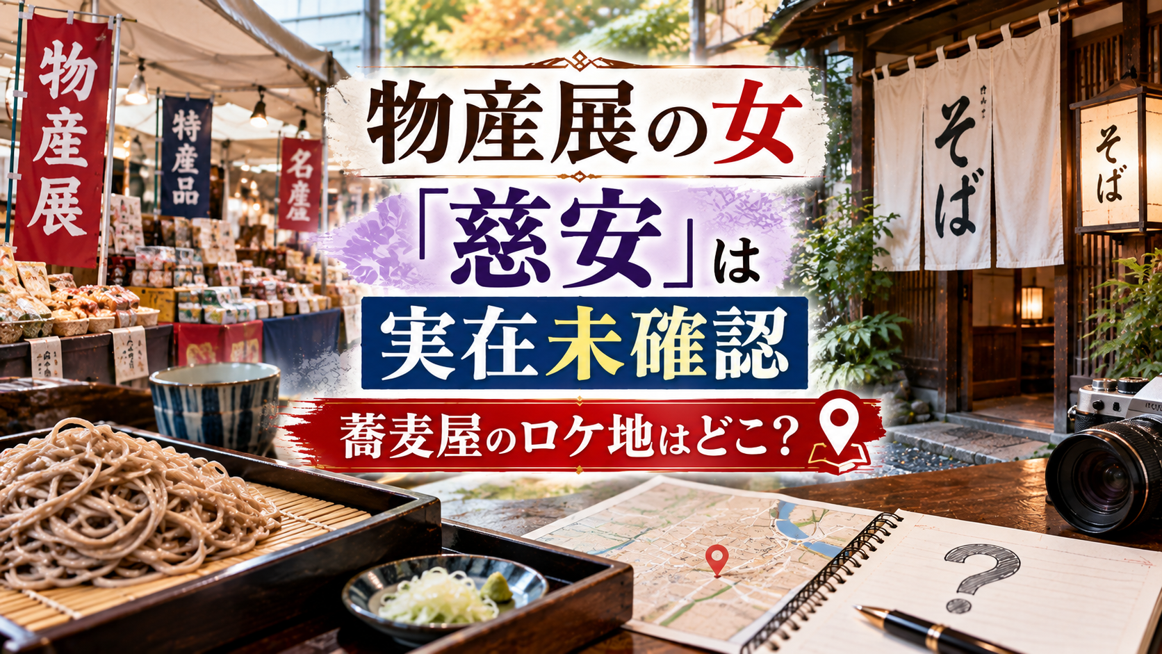 物産展会場と蕎麦屋、そば、地図やカメラを背景に、物産展の女に登場する「慈安」の実在情報と蕎麦屋のロケ地を調査する記事のアイキャッチ画像