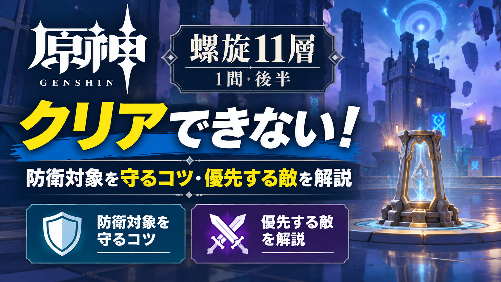 青紫を基調としたゲーム攻略風の背景と防衛を示すアイコンを使い、原神の螺旋11層1間後半で防衛対象を守るコツと優先する敵を解説する記事を表現した画像