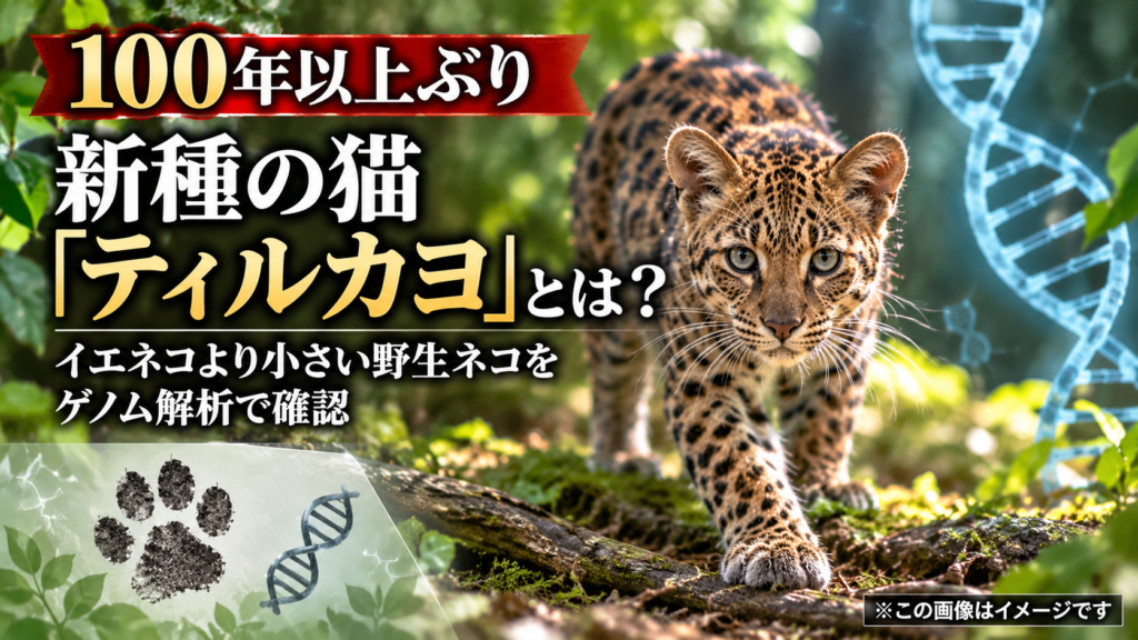 新種の猫「ティルカヨ」を示す猫の足跡とゲノム解析を表現したDNA二重らせんの画像