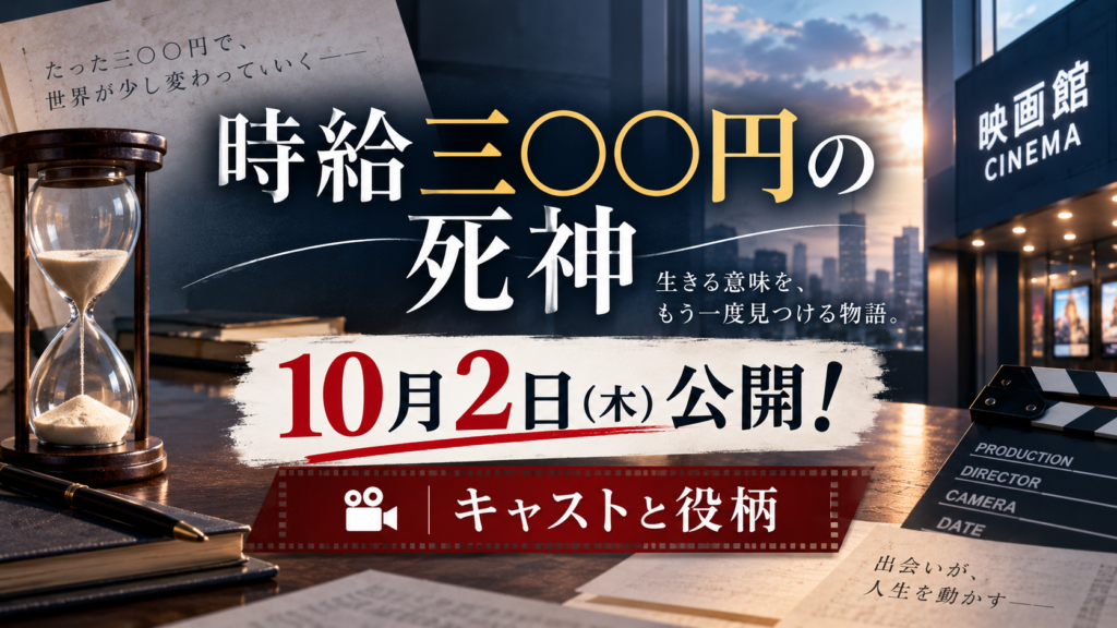 映画館や撮影小物を背景に、『時給三〇〇円の死神』の10月2日公開とキャスト・役柄を紹介するアイキャッチ画像