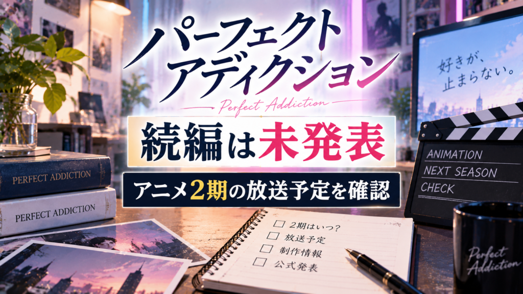 カチンコや本、確認用ノートを背景に、パーフェクトアディクションの続編が未発表でアニメ2期の放送予定を確認する記事を表現したアイキャッチ画像