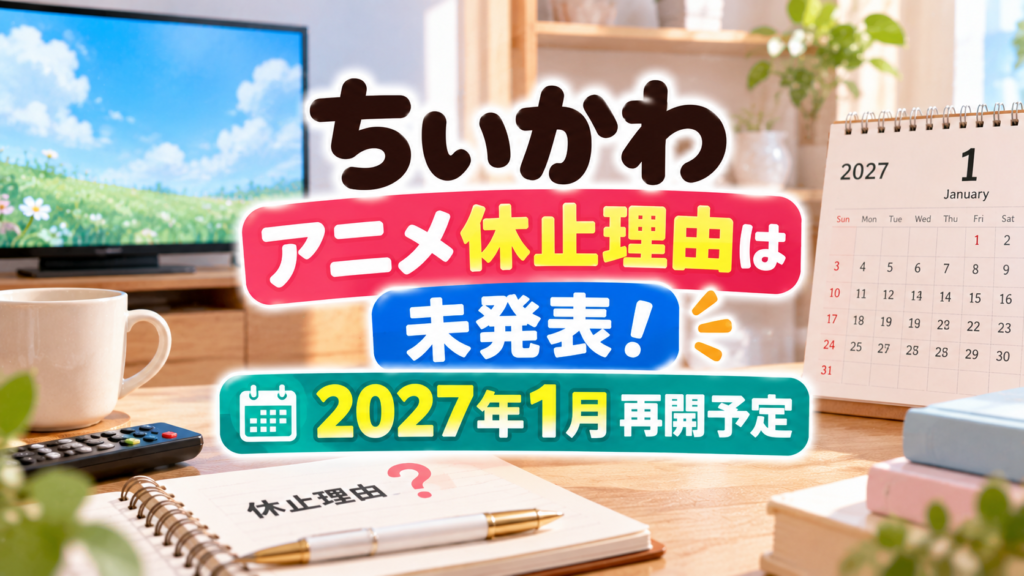 草原の映るテレビと2027年1月のカレンダー、休止理由を確認するノートを背景に、ちいかわアニメの休止理由が未発表で、2027年1月に再開予定であることを伝えるアイキャッチ画像