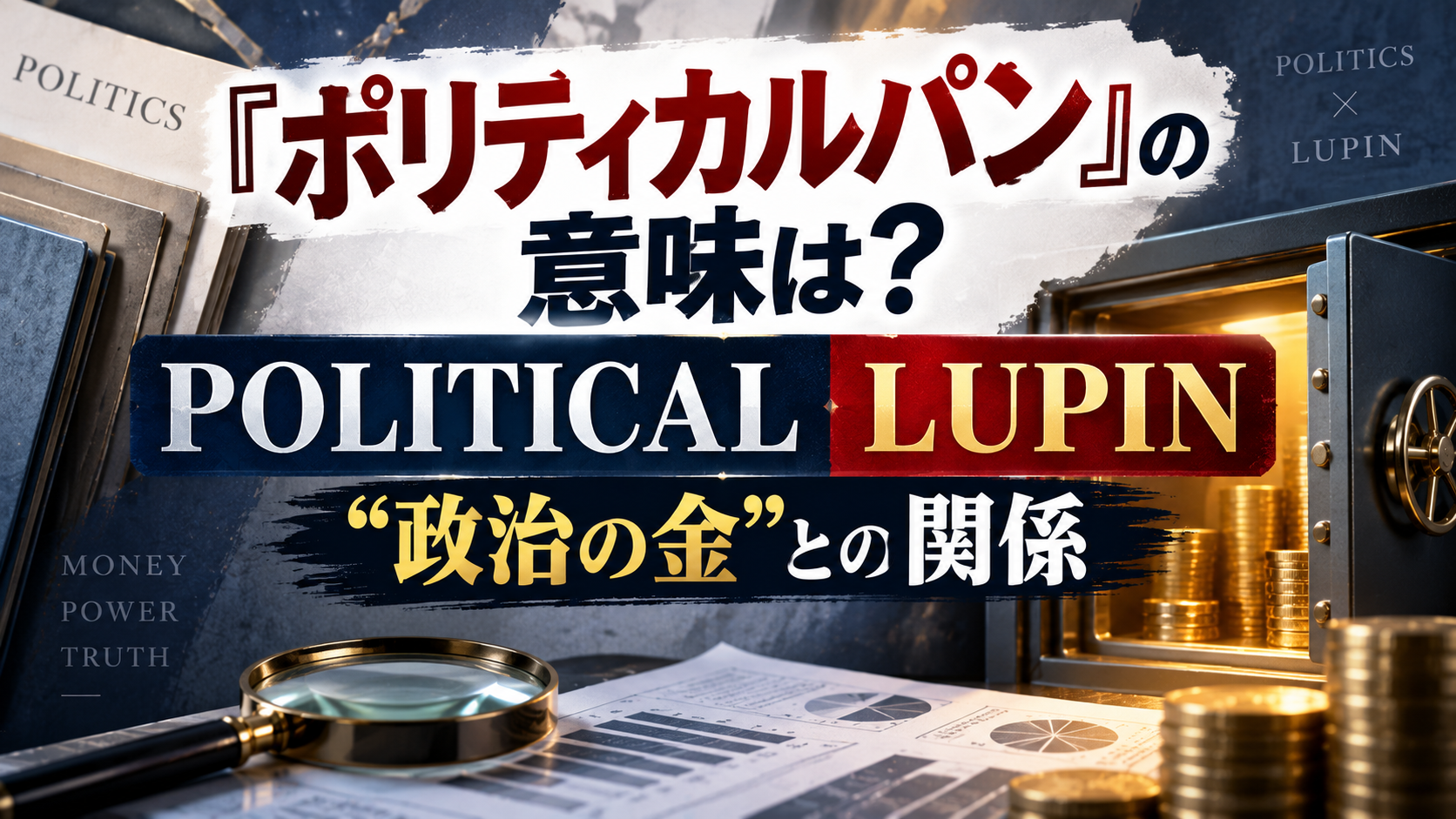 「POLITICAL LUPIN」の文字と金庫、硬貨、資料を使い、『ポリティカルパン』の意味と「政治の金」との関係を表現したアイキャッチ画像
