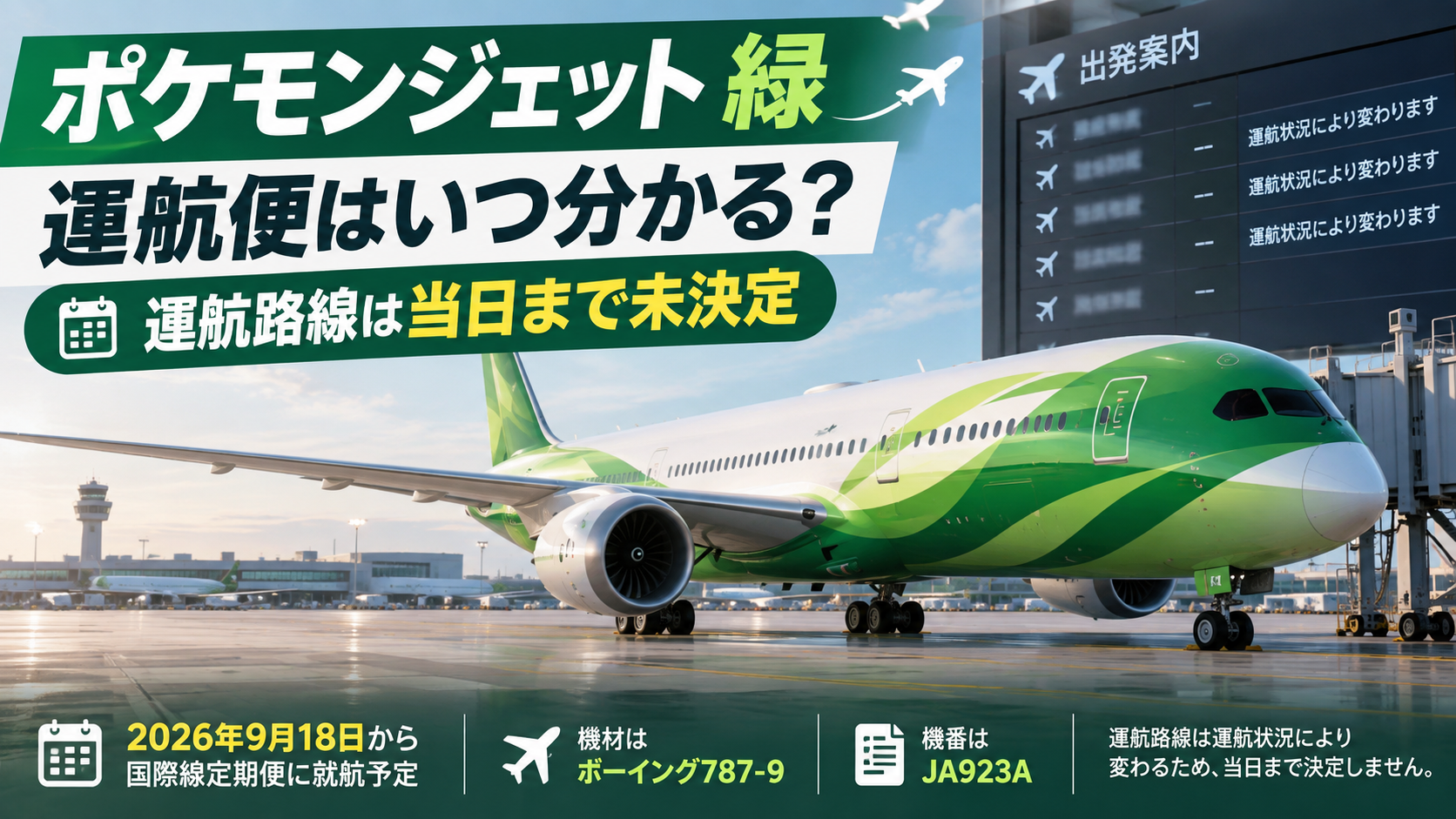 空港に駐機する緑を基調とした旅客機と出発案内板で、ポケモンジェット緑の運航路線が当日まで決定しないことを表現したアイキャッチ画像
