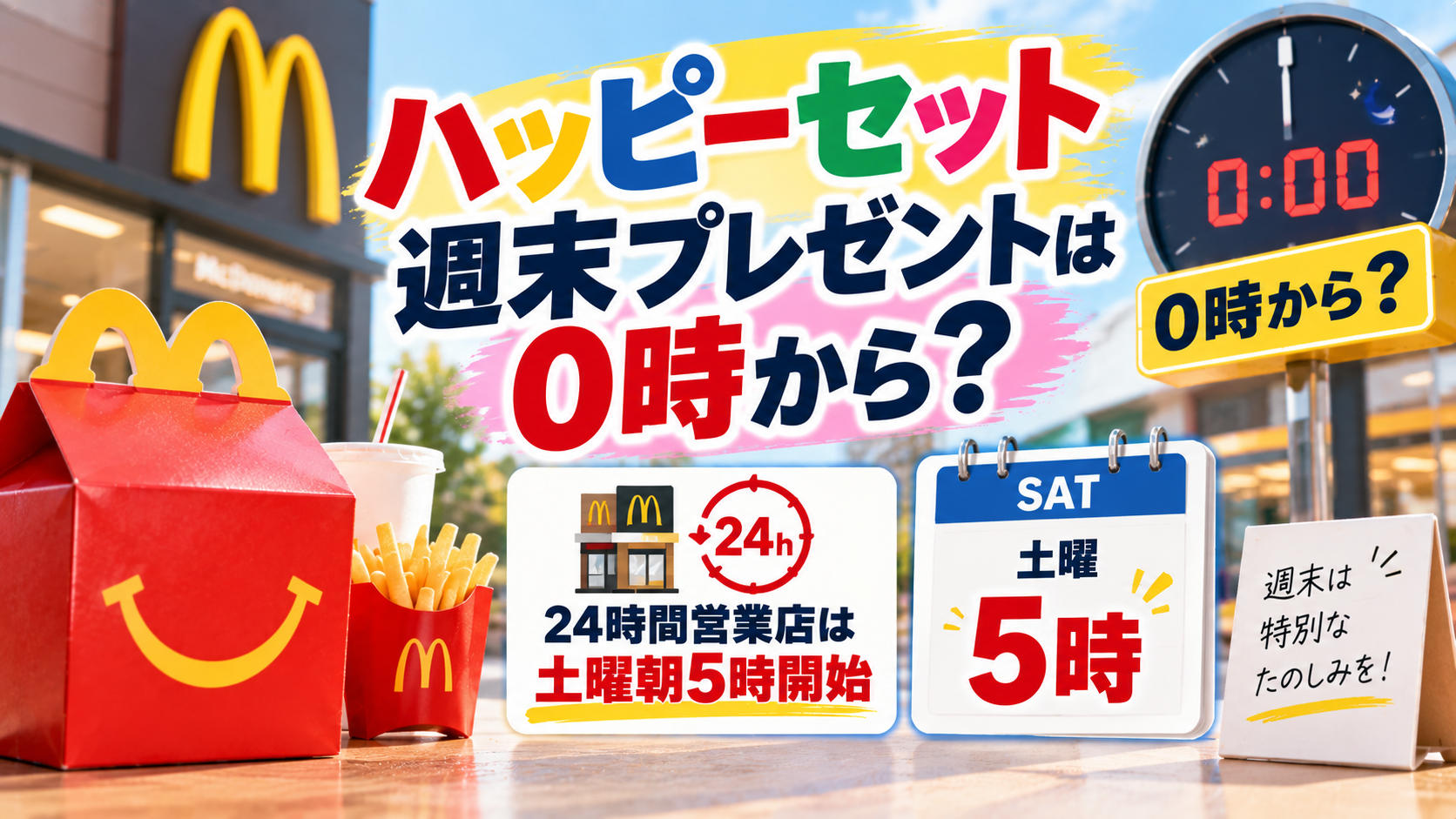 時計やカレンダーをモチーフに、ハッピーセット週末プレゼントの開始時間と、24時間営業店では土曜朝5時開始であることを紹介するアイキャッチ画像