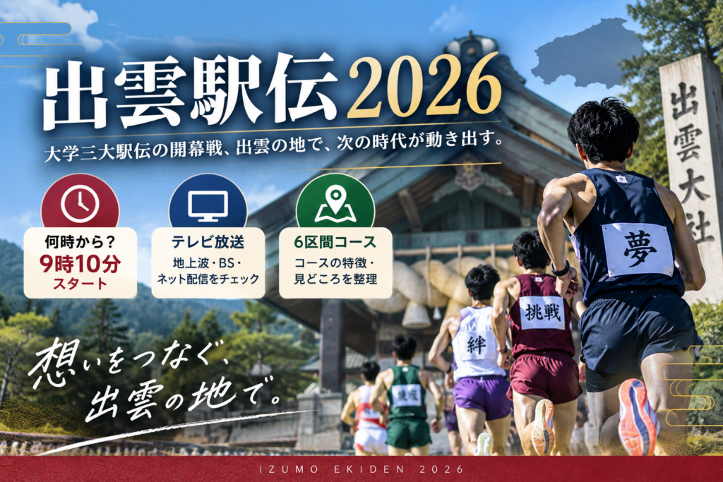 出雲駅伝2026のスタート時間・テレビ放送・6区間コースを紹介するアイキャッチ画像。9時10分スタートの情報と出雲大社を背景に走る駅伝選手を掲載