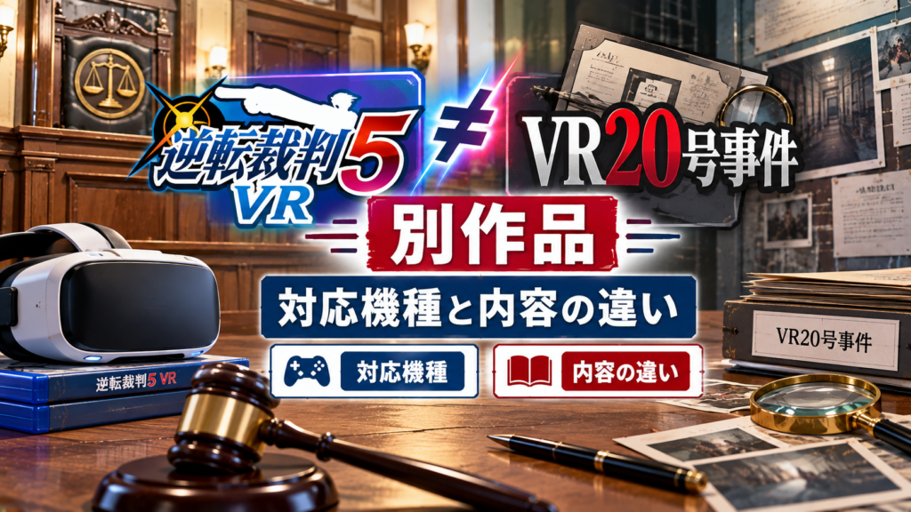 無人の法廷とVRヘッドセット、事件資料や虫眼鏡を背景に、逆転裁判5 VRとVR20号事件が別作品であることや対応機種・内容の違いを表現したアイキャッチ画像
