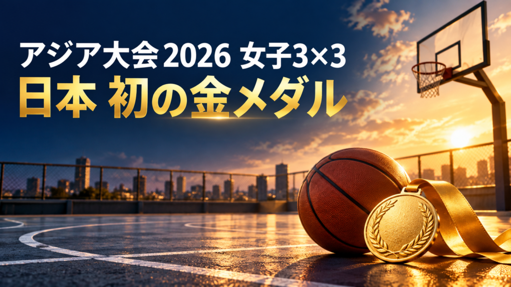 アジア大会2026の女子3×3で日本代表が初の金メダルを獲得したことを示す、バスケットボールと金メダルのアイキャッチ