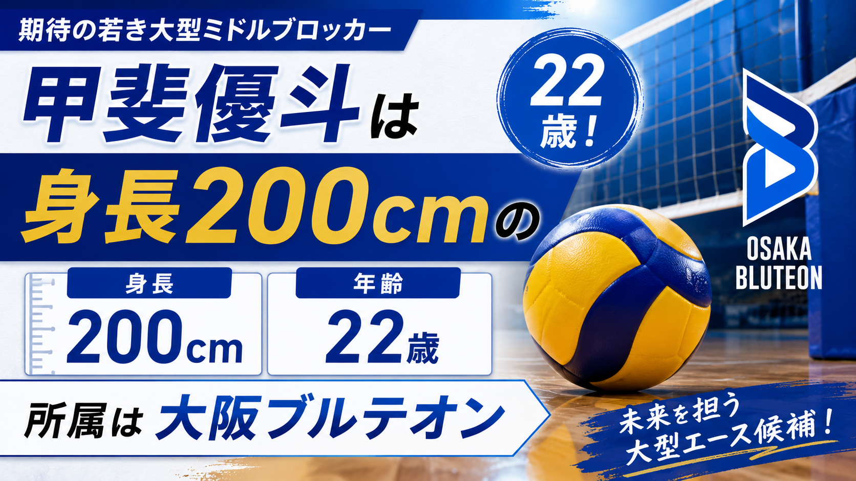 無人のバレーボールコートとボールを背景に、甲斐優斗の身長200cm・22歳・大阪ブルテオン所属を紹介するアイキャッチ画像
