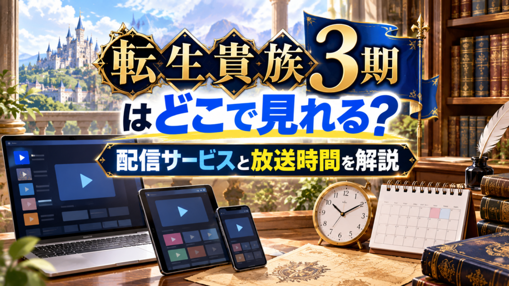テレビとスマートフォンの動画配信画面、時計を背景に、転生貴族3期の配信サービスと放送時間を紹介するアイキャッチ画像