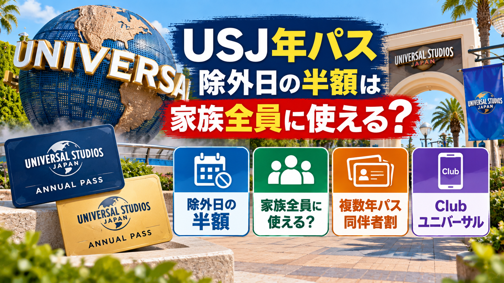 USJ年パス除外日の半額が家族全員に使えるのか、複数年パス・同伴者割・Clubユニバーサルの条件を表現したアイキャッチ画像
