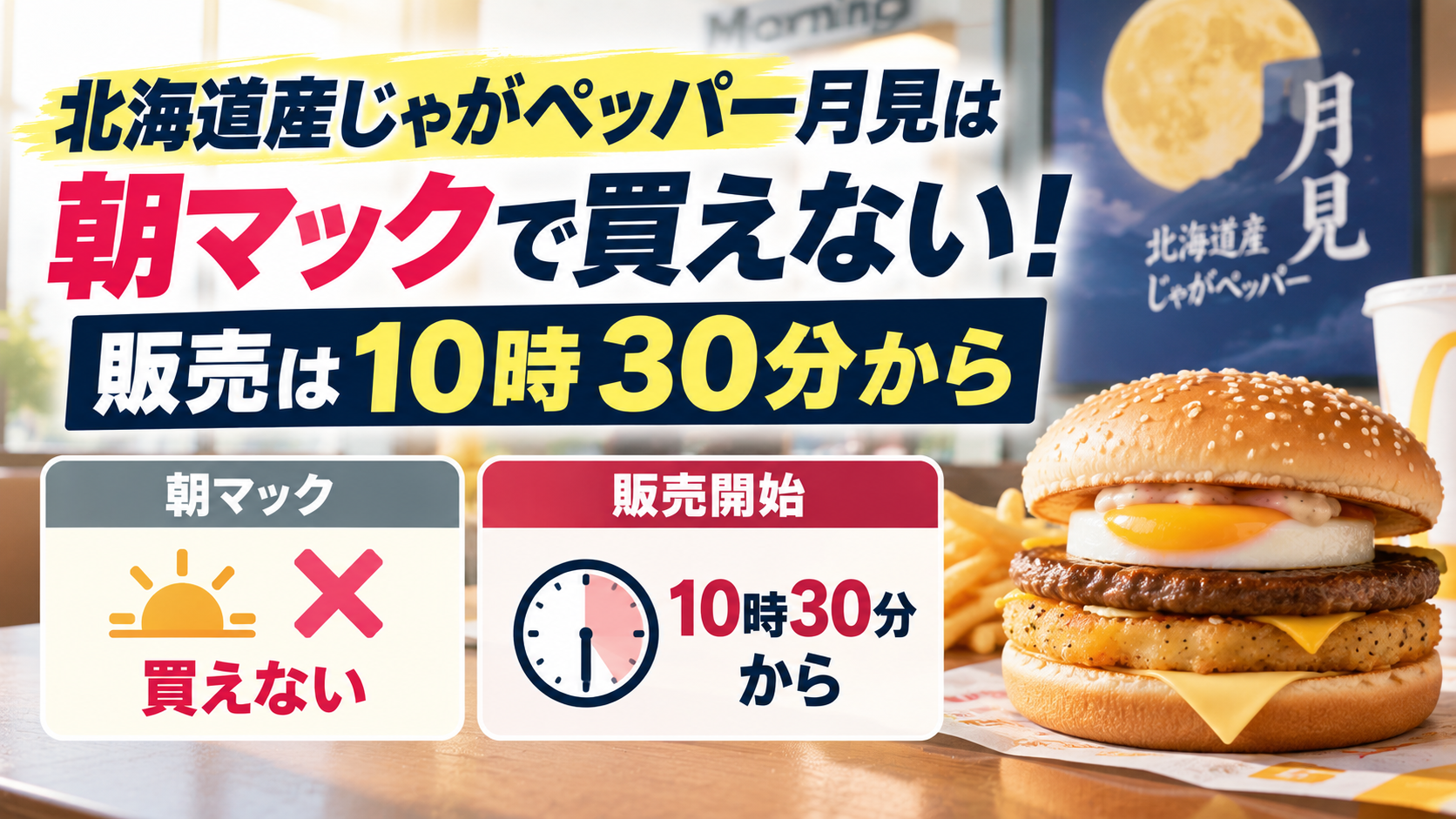 月見バーガーをイメージする食事と時計の表示を背景に、北海道産じゃがペッパー月見は朝マックでは買えず10時30分から販売されることを示したアイキャッチ画像