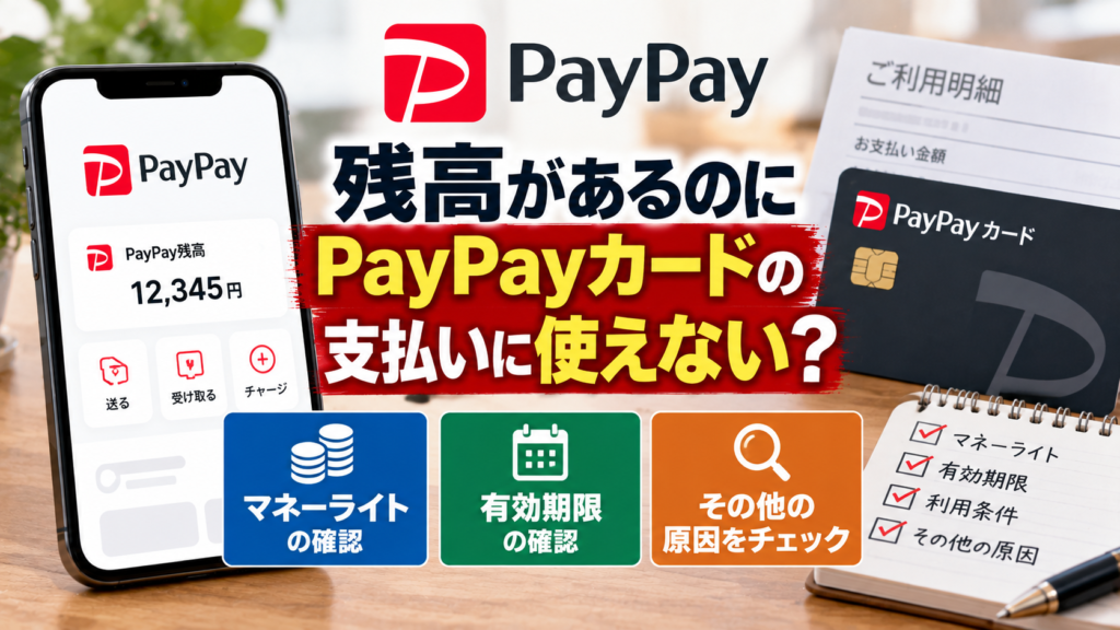 PayPay残高があるのにPayPayカードの支払いに使えない場合について、マネーライトや期限などの原因を確認する内容を表現したアイキャッチ画像