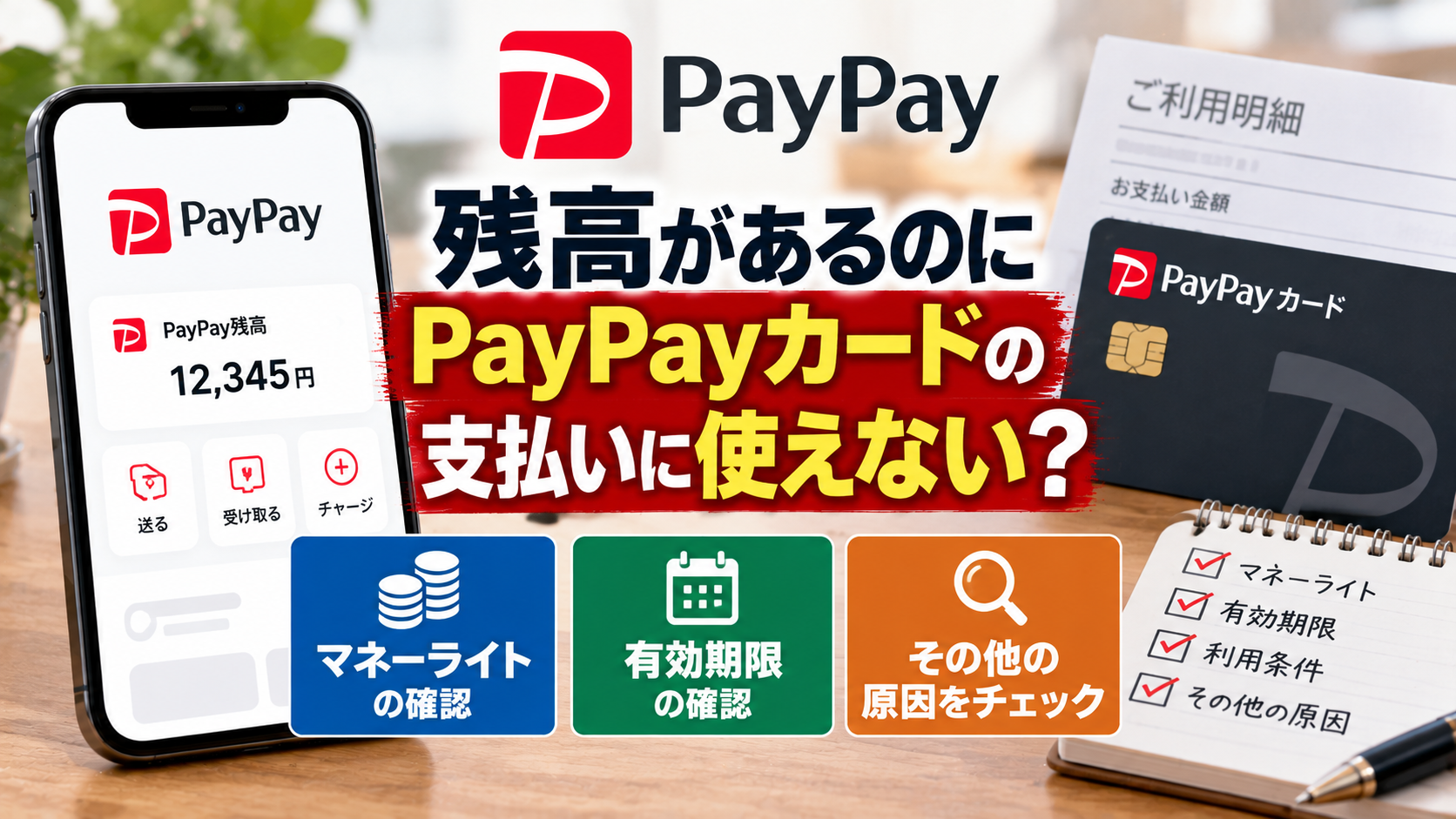 PayPay残高があるのにPayPayカードの支払いに使えない場合について、マネーライトや期限などの原因を確認する内容を表現したアイキャッチ画像