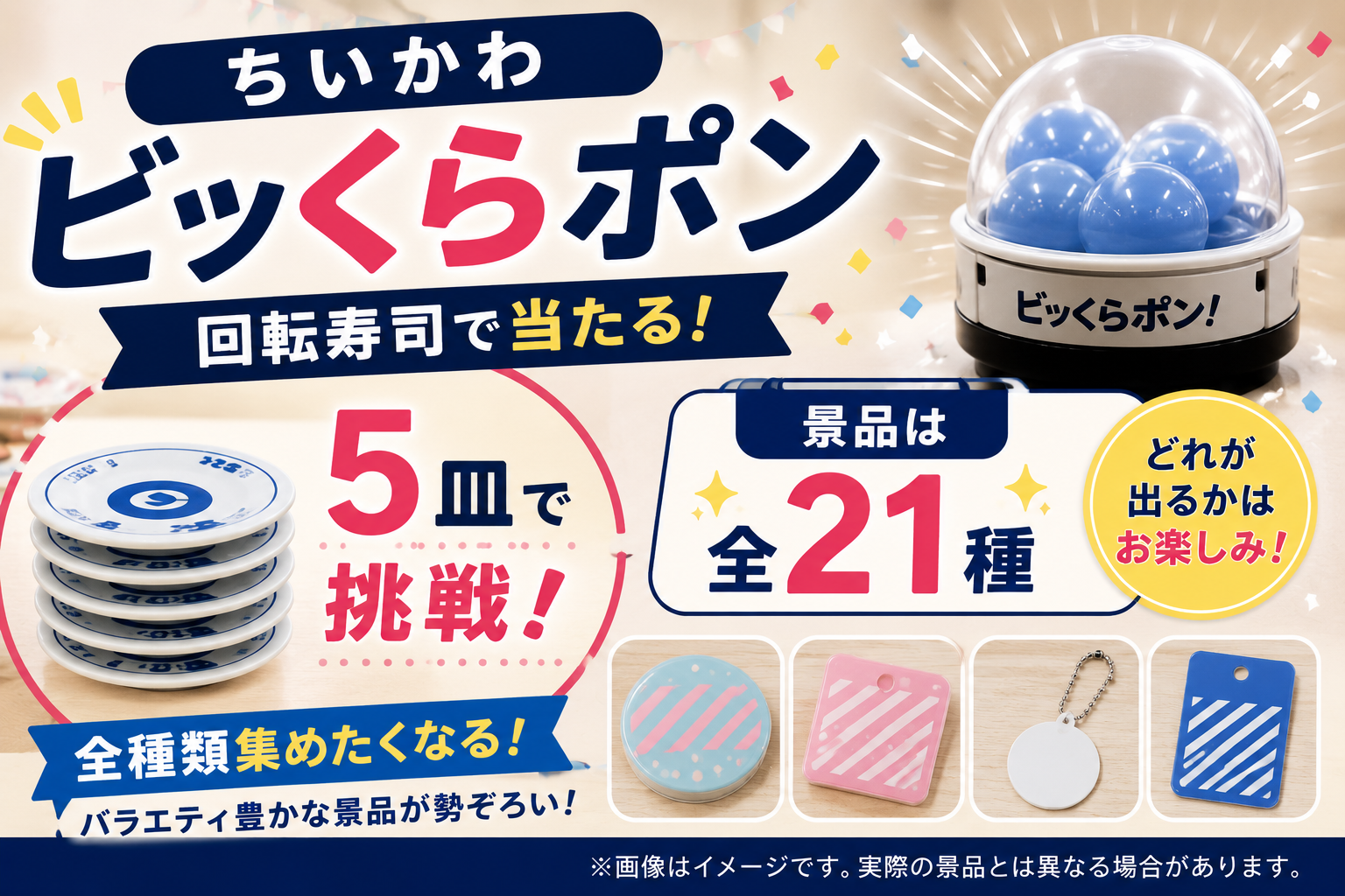 寿司皿とカプセルを使い、ちいかわビッくらポンは5皿で挑戦でき景品は全21種であることを紹介するアイキャッチ画像