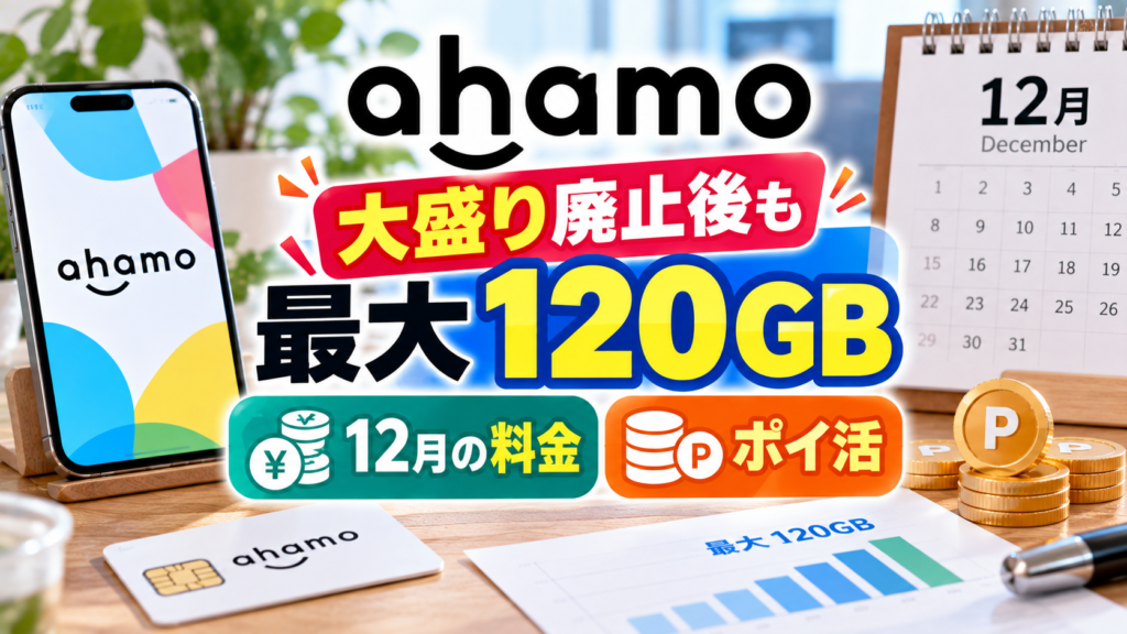 ahamoを表示したスマートフォンとSIMカード、12月のカレンダー、ポイントを示すコインを背景に、大盛り廃止後も最大120GBとなるデータ容量と12月の料金・ポイ活を紹介するアイキャッチ画像