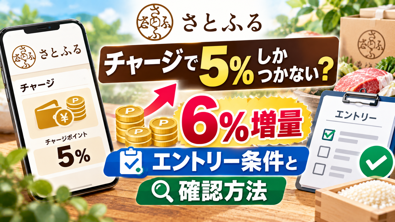 スマートフォンとポイント、5％・6％増量の文字、エントリー確認用チェックリストを背景に、さとふるチャージのポイント増量条件と確認方法を表現したアイキャッチ画像