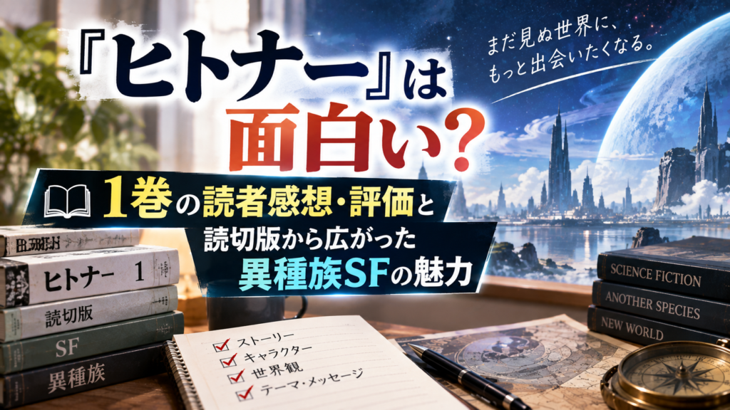本や読者評価を示すチェック項目とSFをイメージする背景を使い、『ヒトナー』1巻の感想・評価と読切版から広がった異種族SFの魅力を表現したアイキャッチ画像