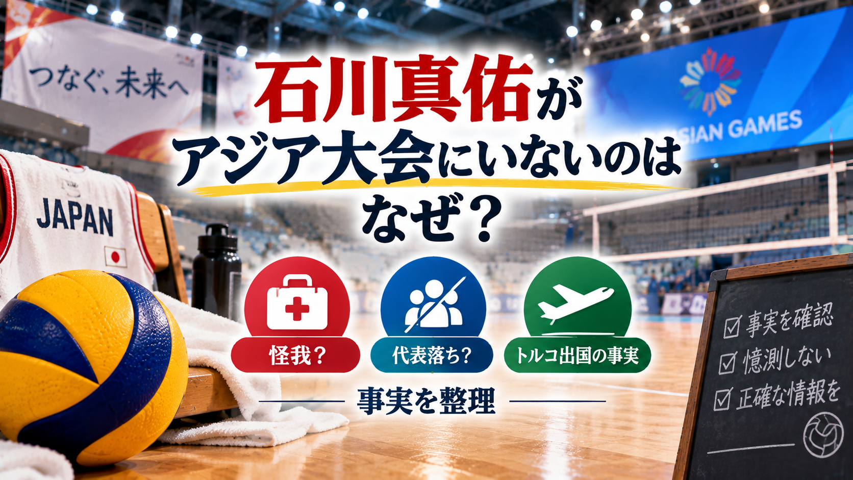 無人のバレーボールコートとボール、日本を示すユニフォーム、飛行機を背景に、石川真佑がアジア大会にいない理由とトルコ出国の事実を整理するアイキャッチ画像