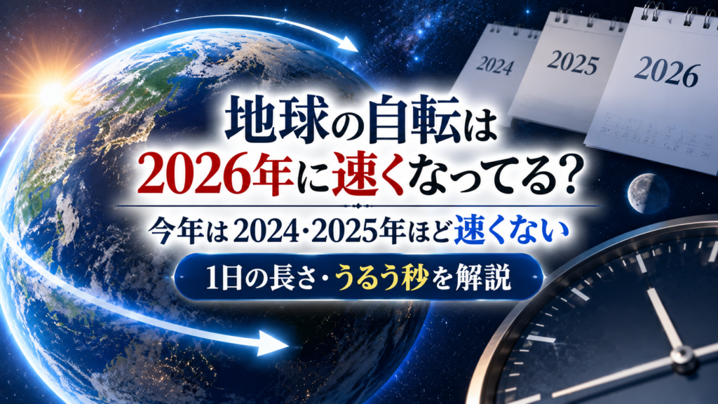 宇宙に浮かぶ地球と時計、2024年・2025年・2026年のカレンダーを背景に、2026年の地球の自転と1日の長さ、うるう秒を表現したアイキャッチ画像