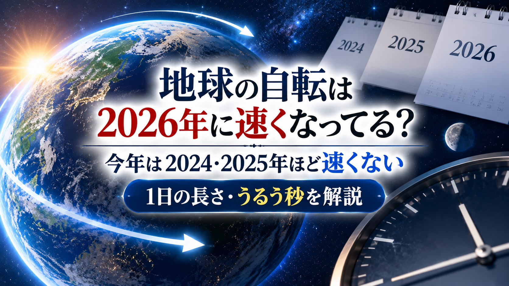 宇宙に浮かぶ地球と時計、2024年・2025年・2026年のカレンダーを背景に、2026年の地球の自転と1日の長さ、うるう秒を表現したアイキャッチ画像