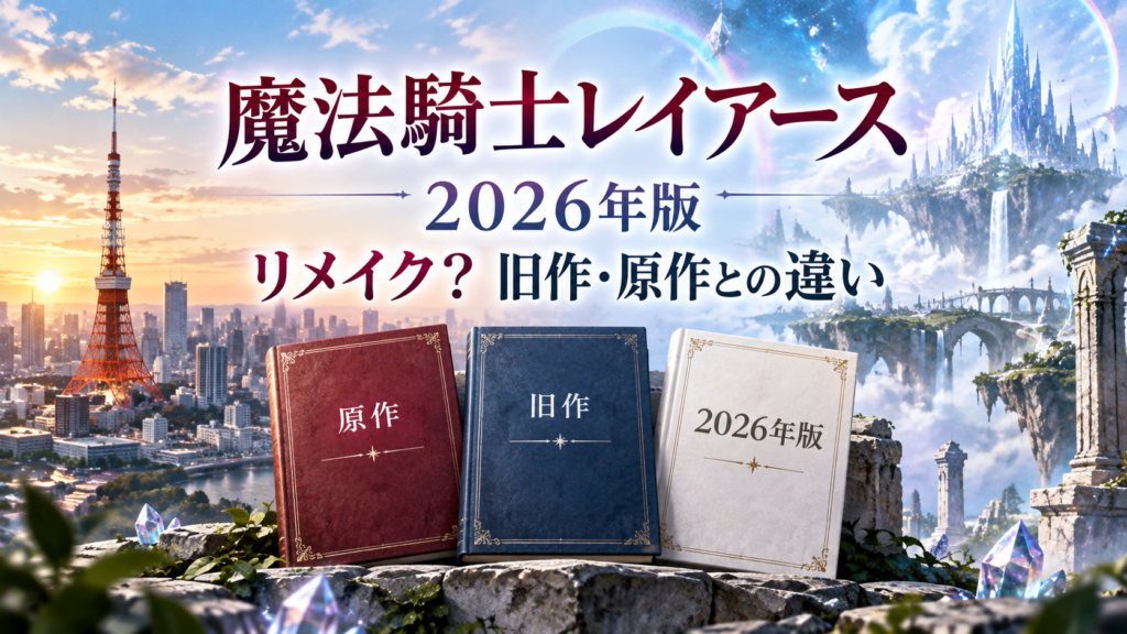 東京の街並みと幻想的な異世界、原作・旧作・2026年版を表す3冊の本で、魔法騎士レイアースの違いを表現したアイキャッチ画像