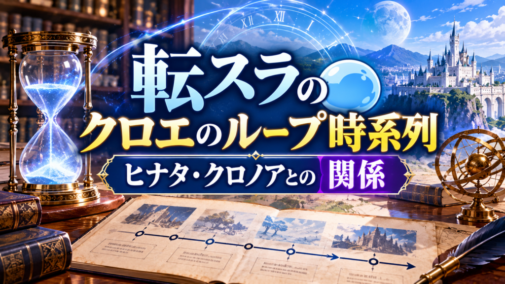 青く輝く砂時計と時計の魔法陣、時系列を示す巻物やファンタジー風の城を背景に、転スラのクロエの時間ループとヒナタ・クロノアとの関係を表現したアイキャッチ画像