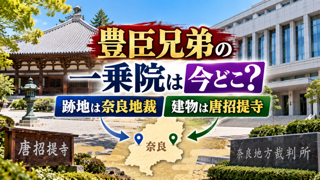 奈良地裁を示す庁舎と唐招提寺を示す寺院の建物を左右に配置し、豊臣兄弟に登場する一乗院の跡地と建物の現在の所在を表現したアイキャッチ画像
