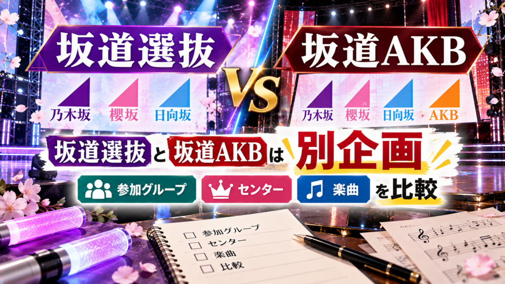 紫と赤の照明が輝く無人のライブステージを背景に、坂道選抜と坂道AKBを左右に分け、参加グループ・センター・楽曲の違いを比較したアイキャッチ画像