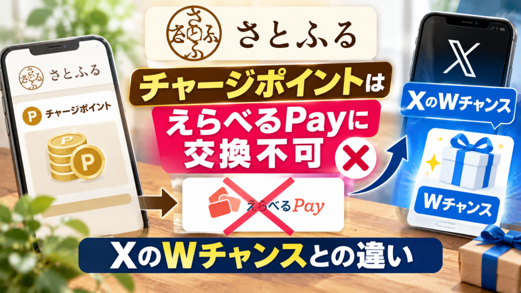 スマートフォンとポイントを背景に、さとふるチャージポイントからえらべるPayへの交換不可を示すバツ印と、XのWチャンスとの違いを比較したアイキャッチ画像