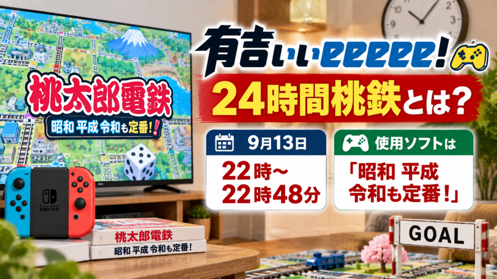 有吉ぃぃeeeee！24時間桃鉄について、9月13日22時から22時48分の時間と使用ソフト「昭和 平成 令和も定番！」をゲーム機や鉄道モチーフで表現したアイキャッチ画像