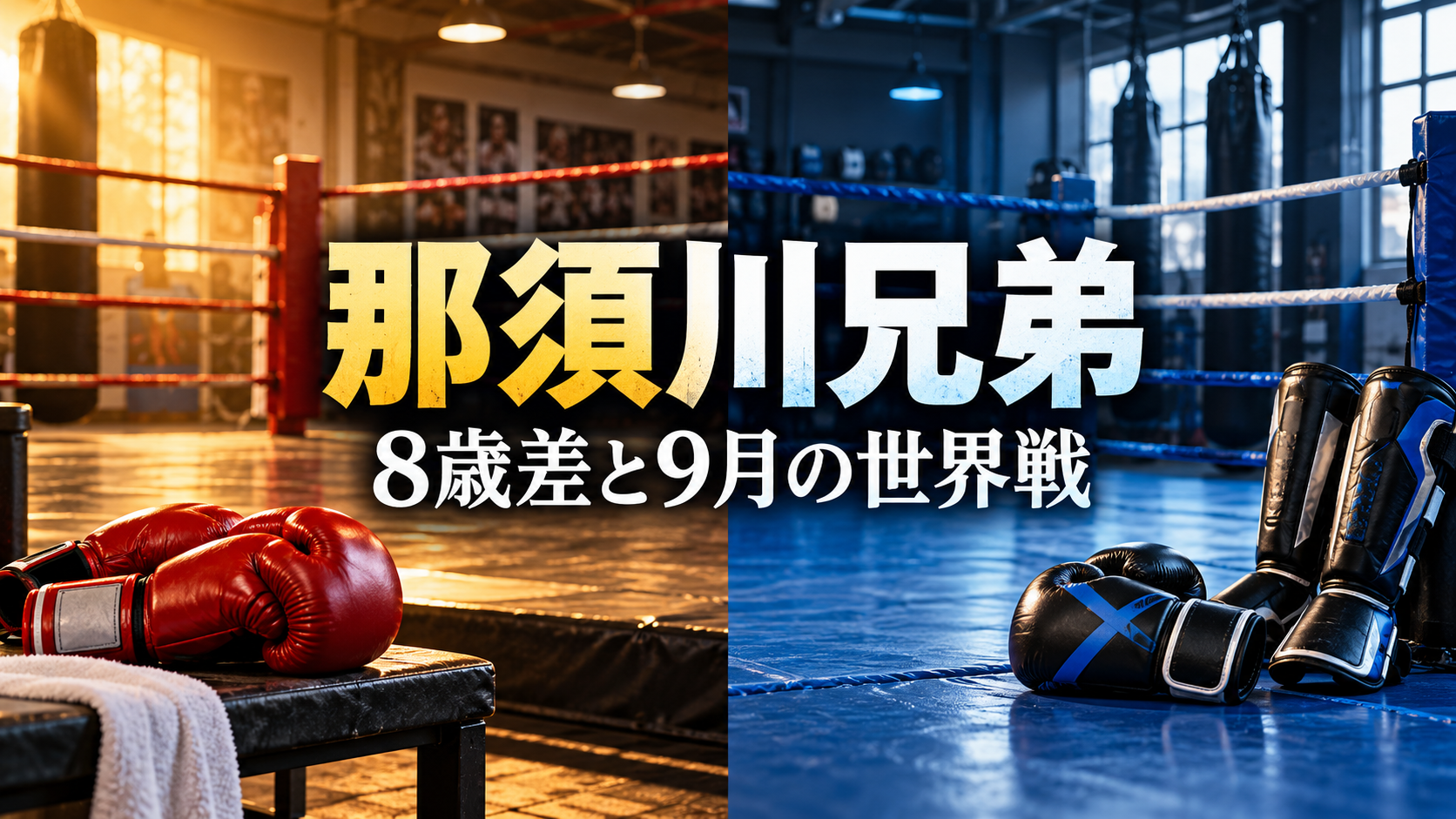 那須川兄弟の8歳差と2026年9月の世界戦を示す、ボクシングとキックボクシングのグローブのイラスト