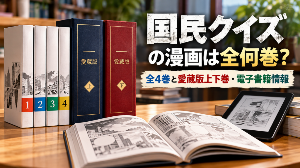 漫画本4冊と愛蔵版の上下巻、電子書籍端末を並べ、国民クイズの漫画が全4巻であることや愛蔵版・電子書籍情報を紹介するアイキャッチ画像