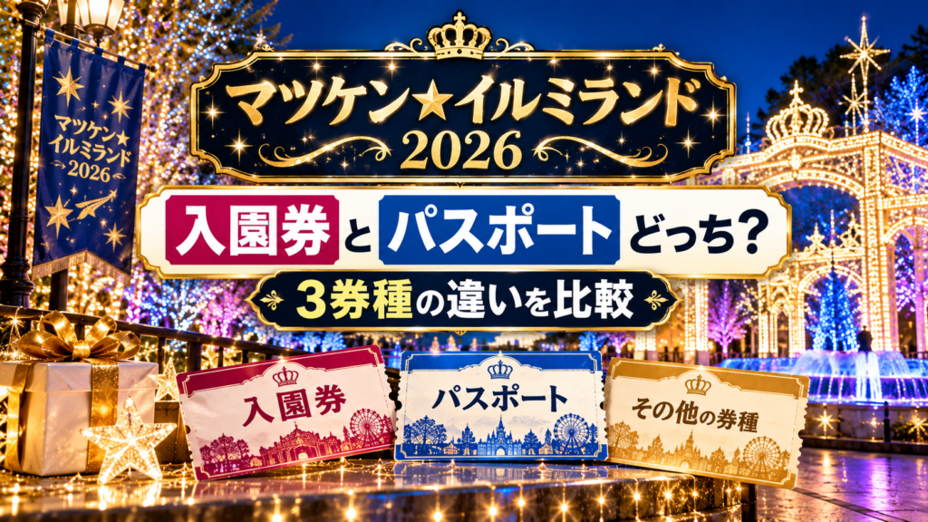 夜のイルミネーション会場と3種類のチケットを背景に、マツケン★イルミランド2026の入園券とパスポートなど3券種の違いを比較するアイキャッチ画像