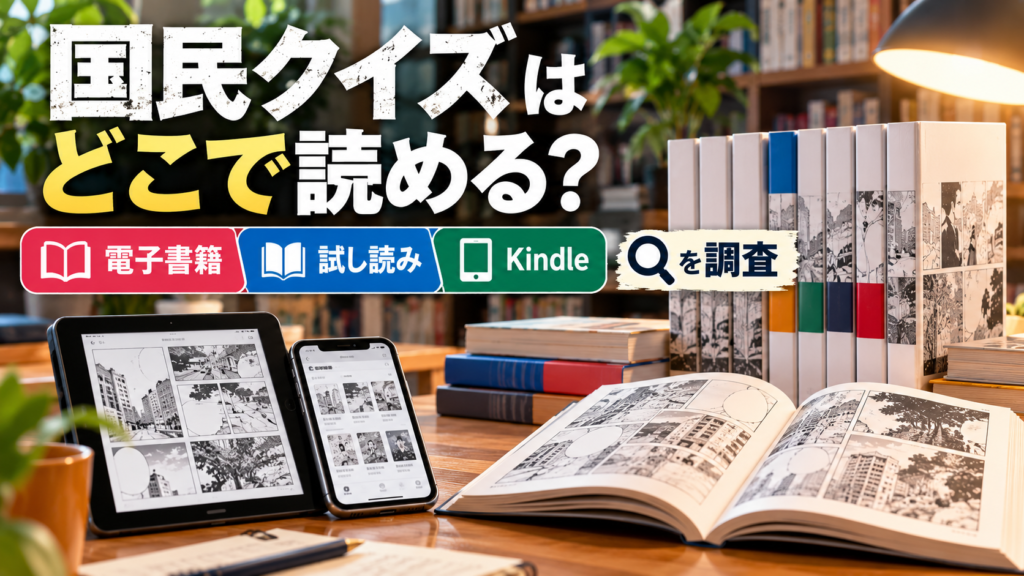 漫画本と電子書籍端末、試し読み画面を背景に、国民クイズをどこで読めるのか、電子書籍・試し読み・Kindleの情報を調査するアイキャッチ画像
