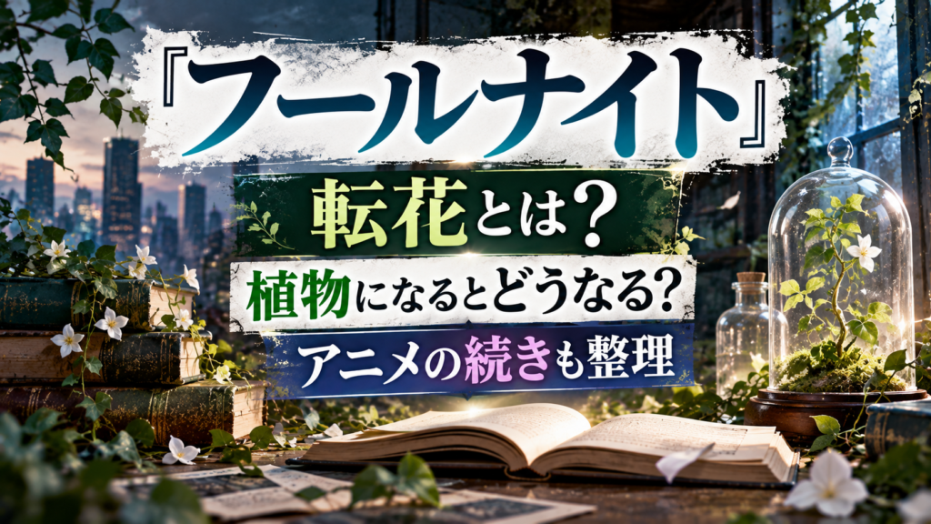 植物に覆われた都市風景と温室、本、ガラスドーム内の植物を背景に、『フールナイト』の転花とは何か、植物になるとどうなるのか、アニメの続きについて整理する記事を表現したアイキャッチ画像