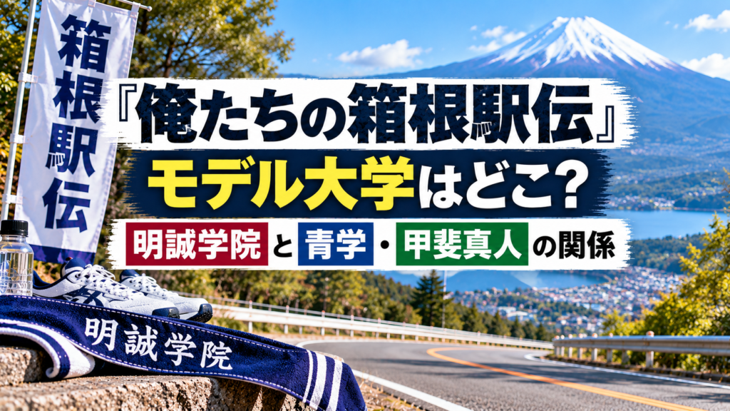 無人の駅伝コースと大学を連想する建物、たすきやランニング用品を背景に、『俺たちの箱根駅伝』のモデル大学と明誠学院・青学・甲斐真人の関係を確認するアイキャッチ画像
