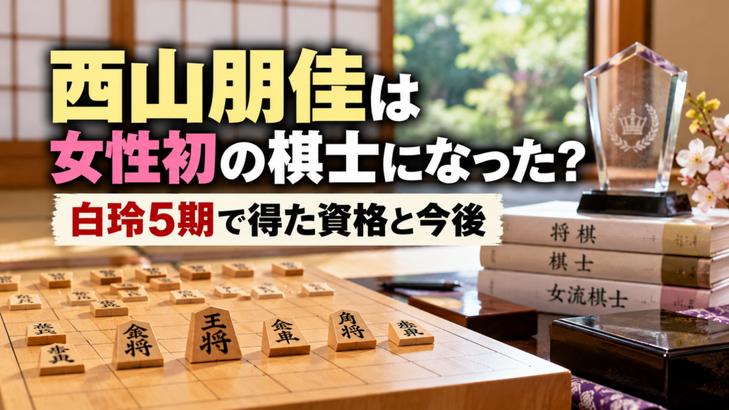 将棋盤と駒、トロフィー、将棋関連の本を背景に、西山朋佳が女性初の棋士になったのか、白玲5期で得た資格と今後を解説する記事を表現したアイキャッチ画像