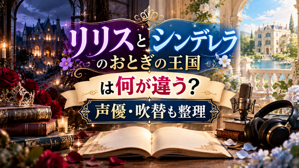 雰囲気の異なる二つの王国と城、本、マイク、ヘッドホンを背景に、『リリスとシンデレラのおとぎの王国』の違いや声優・吹替情報を整理する記事を表現したアイキャッチ画像