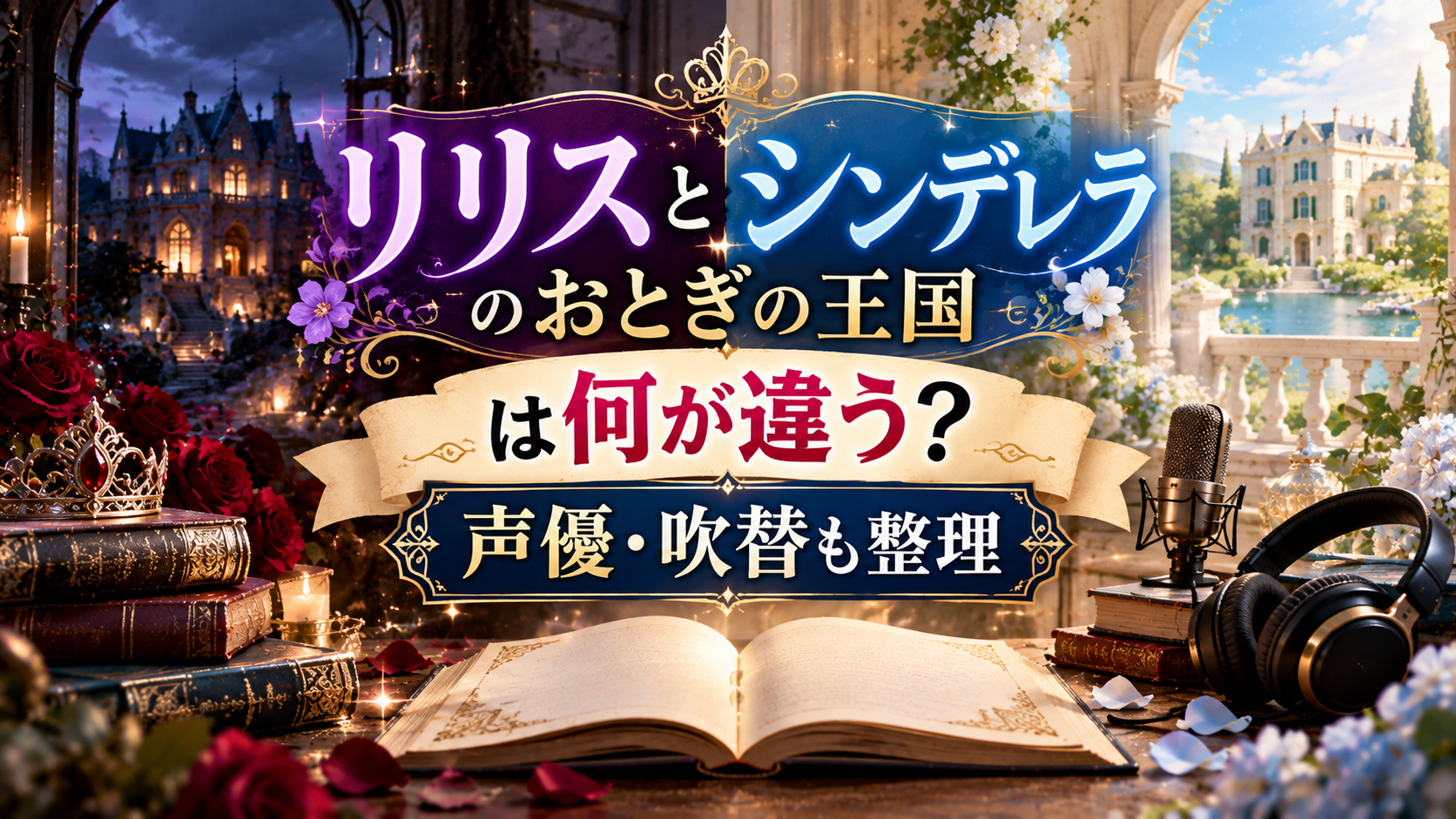 雰囲気の異なる二つの王国と城、本、マイク、ヘッドホンを背景に、『リリスとシンデレラのおとぎの王国』の違いや声優・吹替情報を整理する記事を表現したアイキャッチ画像