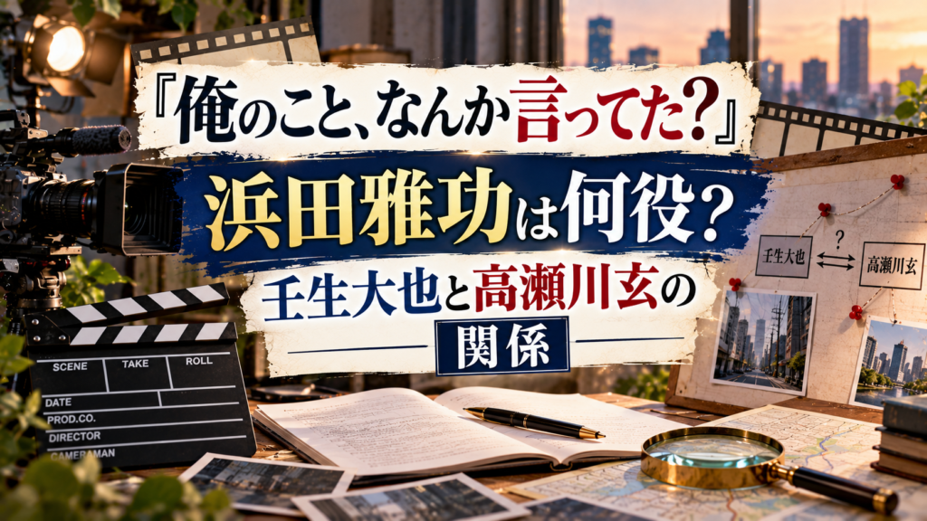 撮影用カメラとカチンコ、台本、壬生大也と高瀬川玄の関係図、虫眼鏡を背景に、『俺のこと、なんか言ってた？』で浜田雅功が何役なのかと二人の関係を整理するアイキャッチ画像