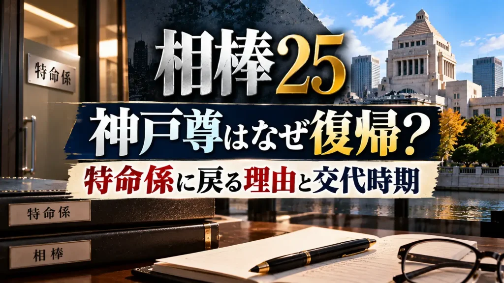 『相棒25』の神戸尊の復帰理由と特命係への復帰、交代時期をテーマに、特命係の資料、ノート、ペン、眼鏡、官庁街の風景を配置した人物なしのアイキャッチ画像。