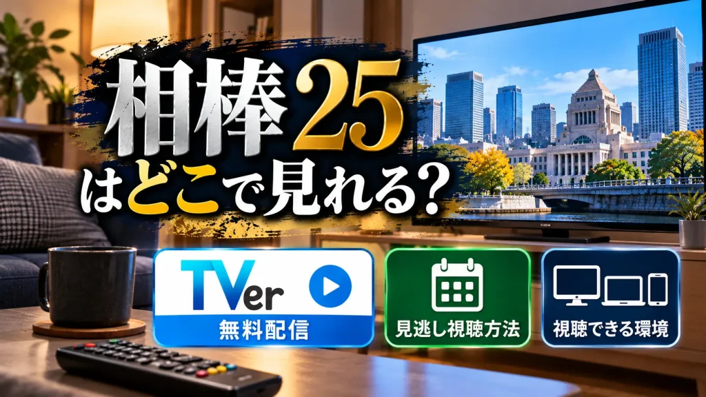 『相棒25』の視聴方法をテーマに、テレビ、リモコン、TVer無料配信、見逃し視聴方法、対応デバイスの案内を配置した人物なしのアイキャッチ画像。