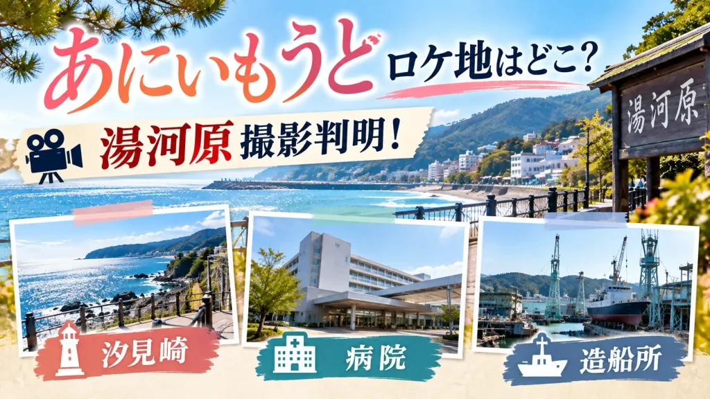 『あにいもうと』のロケ地をテーマに、湯河原の海辺の風景、汐見崎、病院、造船所を写真風パネルで配置した人物なしのアイキャッチ画像。