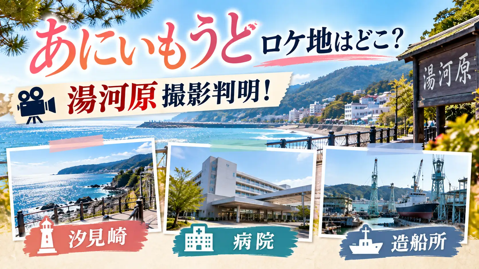 『あにいもうと』のロケ地をテーマに、湯河原の海辺の風景、汐見崎、病院、造船所を写真風パネルで配置した人物なしのアイキャッチ画像。