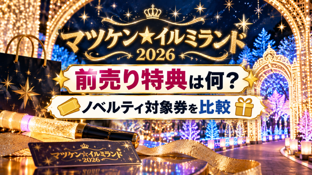 夜のイルミネーション会場と前売り券、ギフトボックスを背景に、マツケン★イルミランド2026の前売り特典とノベルティ対象券の違いを比較するアイキャッチ画像