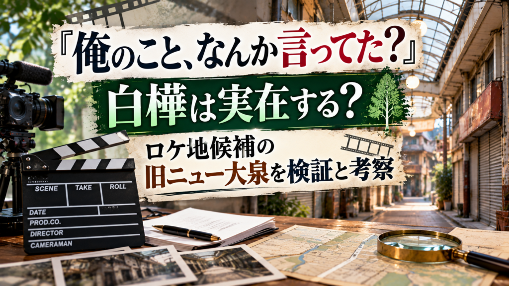 古い商店街風の建物とカメラ、カチンコ、地図、虫眼鏡を背景に、『俺のこと、なんか言ってた？』の白樺が実在するのか、ロケ地候補の旧ニュー大泉を検証・考察する記事を表現したアイキャッチ画像