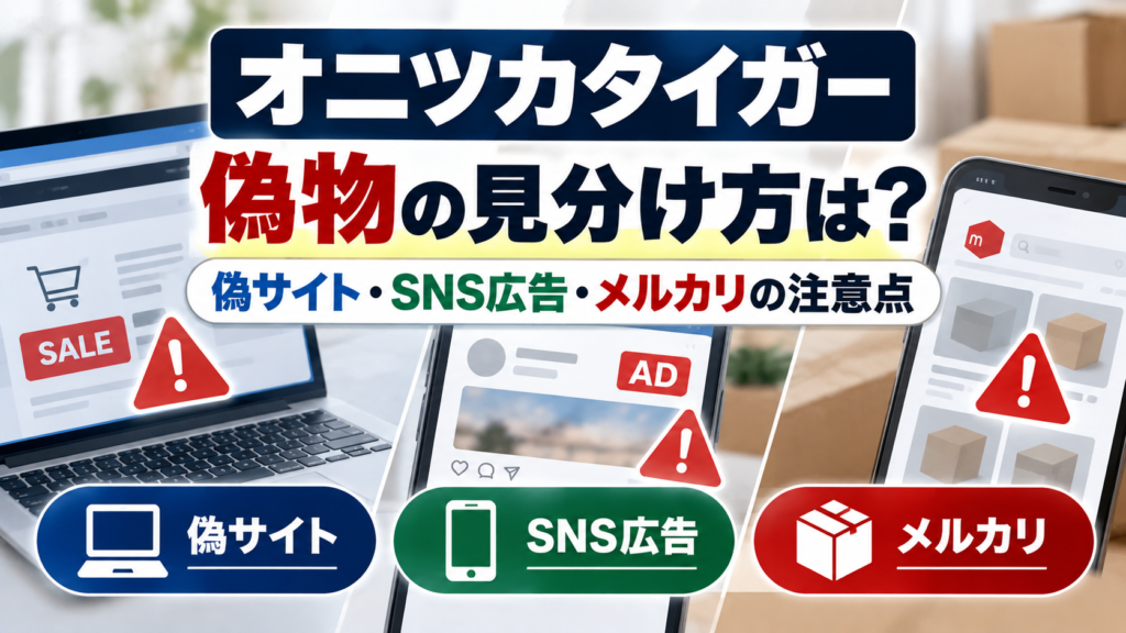 パソコンとスマートフォンの偽サイト・SNS広告・フリマ出品風画面、警告マークを背景に、オニツカタイガーの偽物の見分け方や注意点を解説するアイキャッチ画像