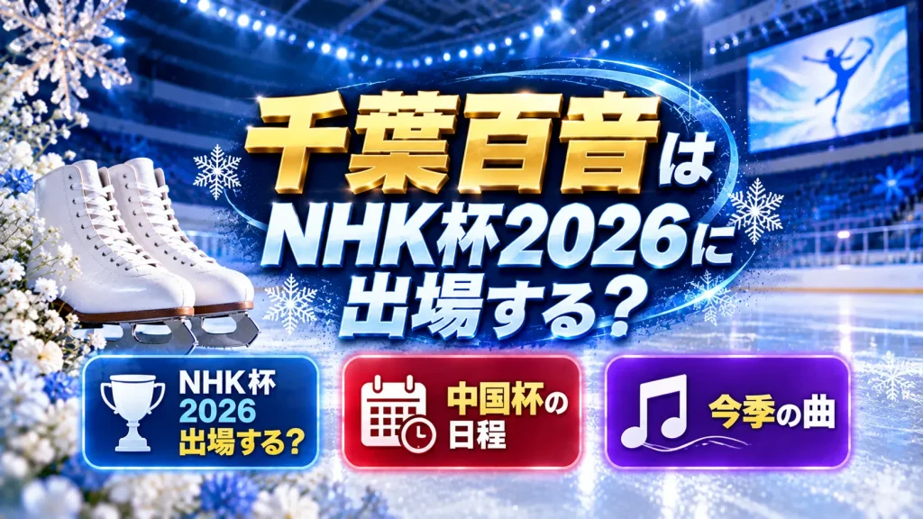 千葉百音のNHK杯2026出場、中国杯の日程、今季の演技曲をテーマに、無人のスケートリンク、白いスケート靴、日程と楽曲を示す案内パネルを配置したアイキャッチ画像。